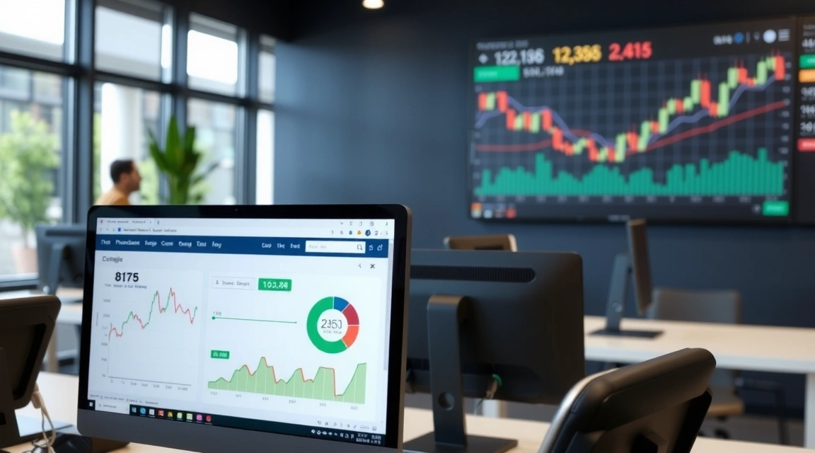 Grafici finanziari su schermi di computer in un ambiente di ufficio moderno, che rappresentano l'economia e gli investimenti.