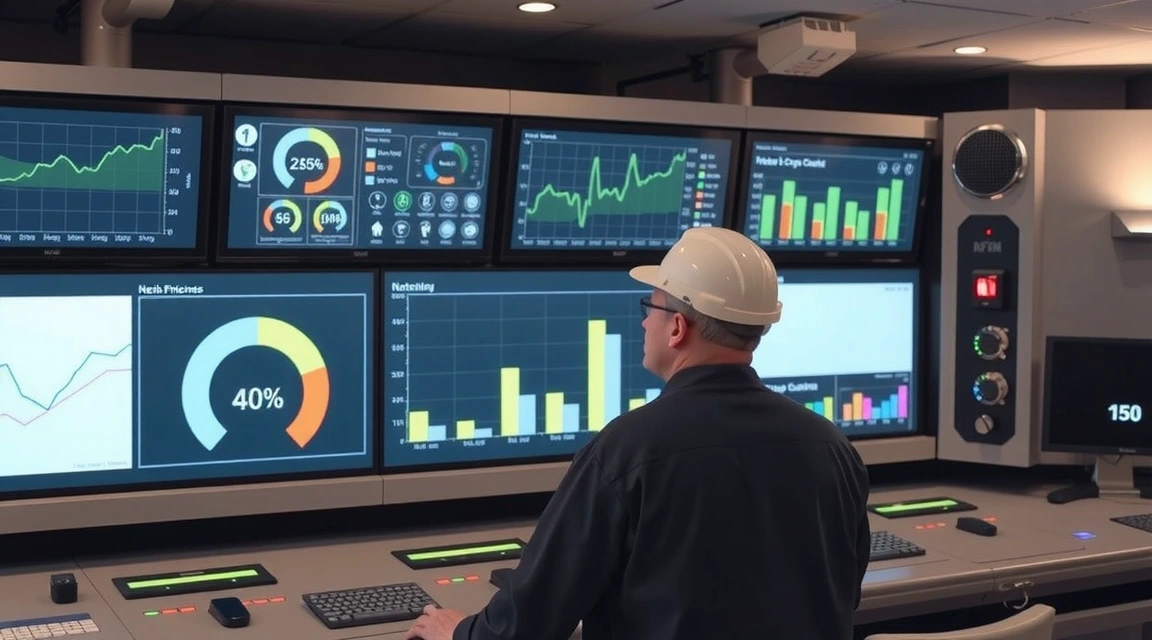 Un ingegnere che esamina un grande pannello di controllo in una centrale elettrica moderna, con schermi che mostrano dati e grafici sull'efficienza energetica.