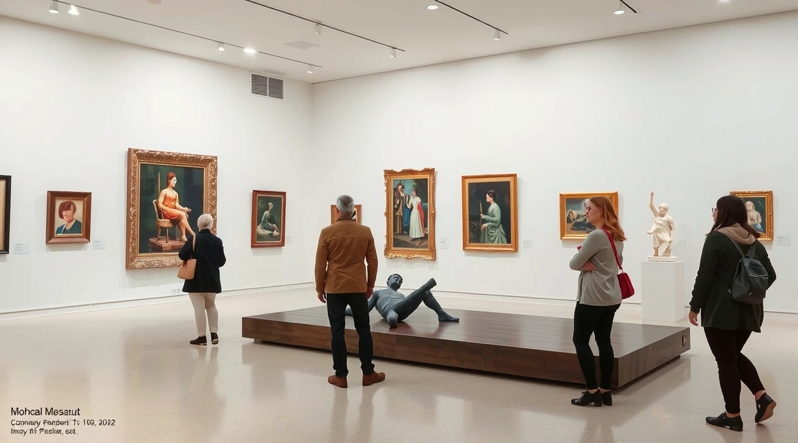 Un museo d'arte moderno con sculture e persone che ammirano le opere, simbolo di cultura e arte.