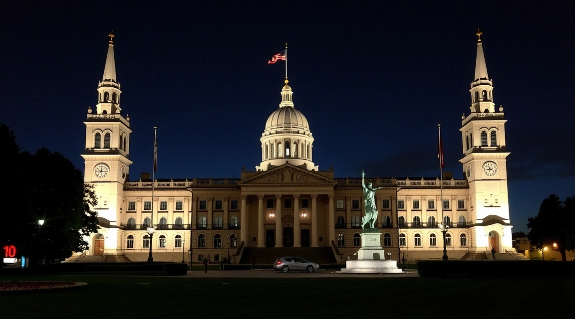 Un edificio del parlamento illuminato di notte, simbolo di politica e governance.