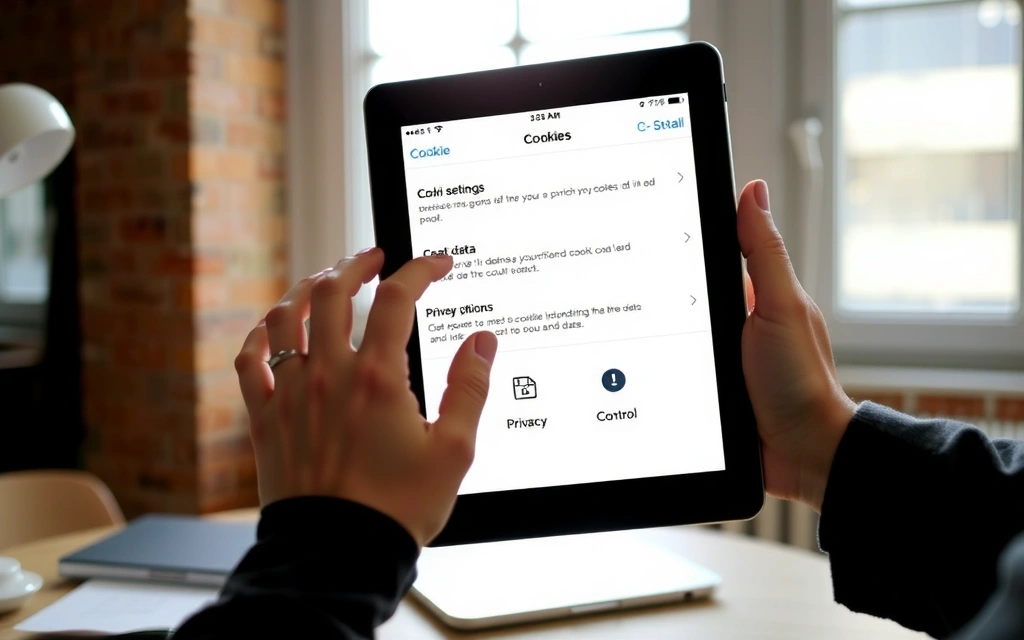 Mani che regolano le impostazioni dei cookie su un tablet, icone di privacy