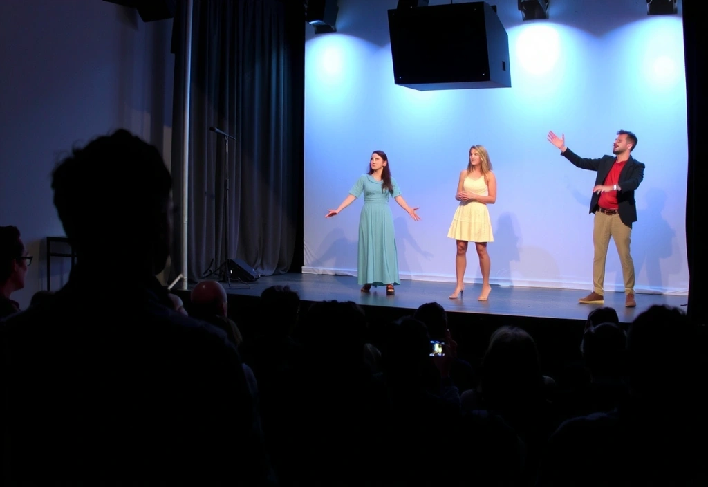 Attori che recitano in una produzione teatrale moderna sul palco.