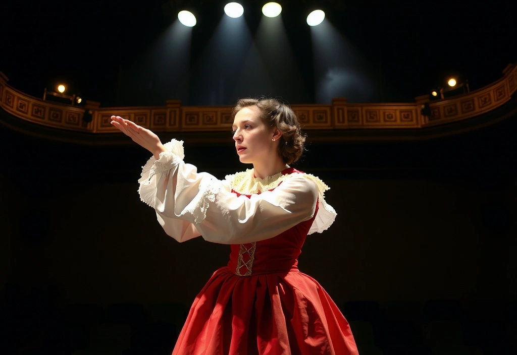 Un attore in costume di scena su un palco teatrale.