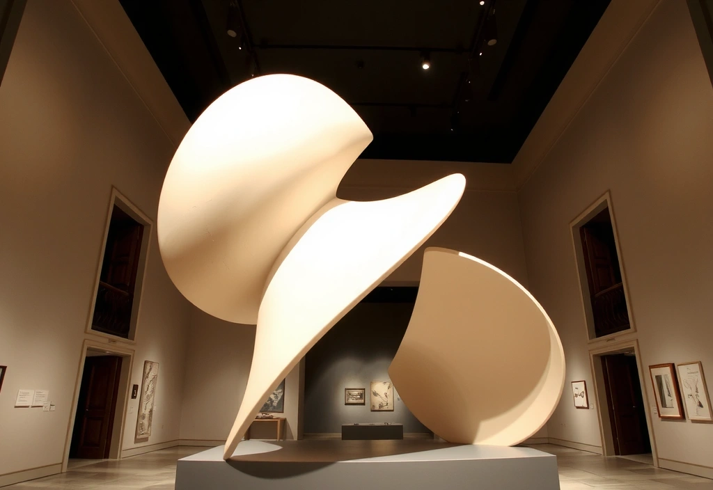 Una scultura moderna in un museo con luce soffusa.
