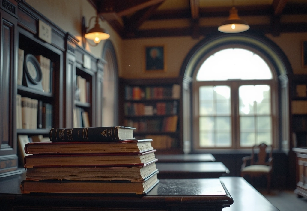 Una pila di libri antichi su uno scaffale in una biblioteca storica.