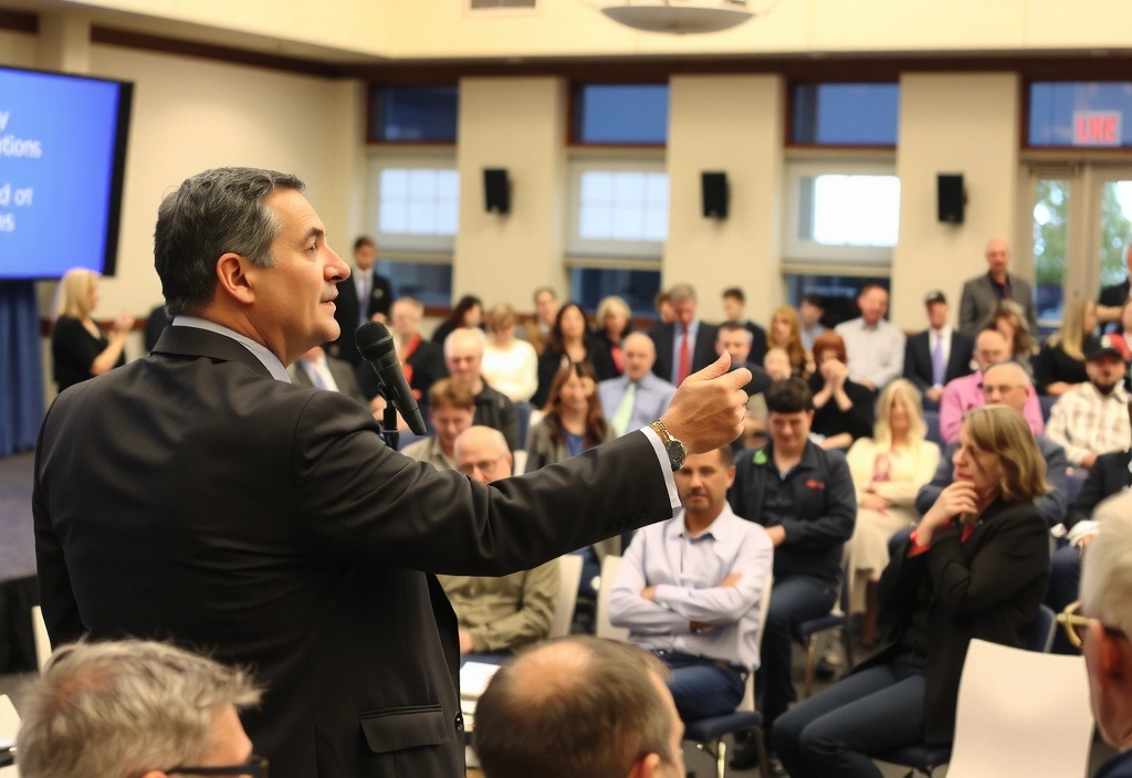 Sindaco che parla a una comunità locale